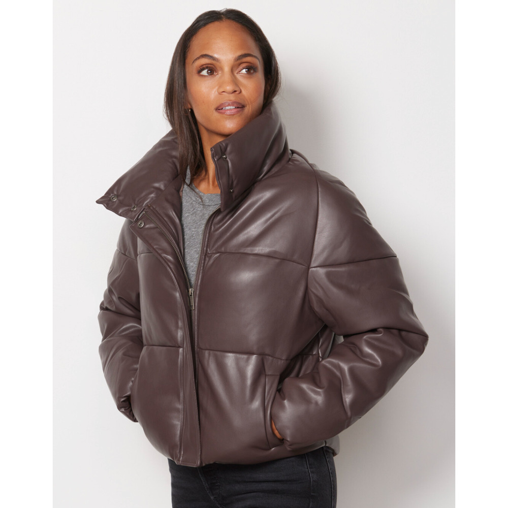 Apparis Jemma Puffer Jacket Cocoa‎ Faux Leather Full Zip Funnel Neck Sz XL
